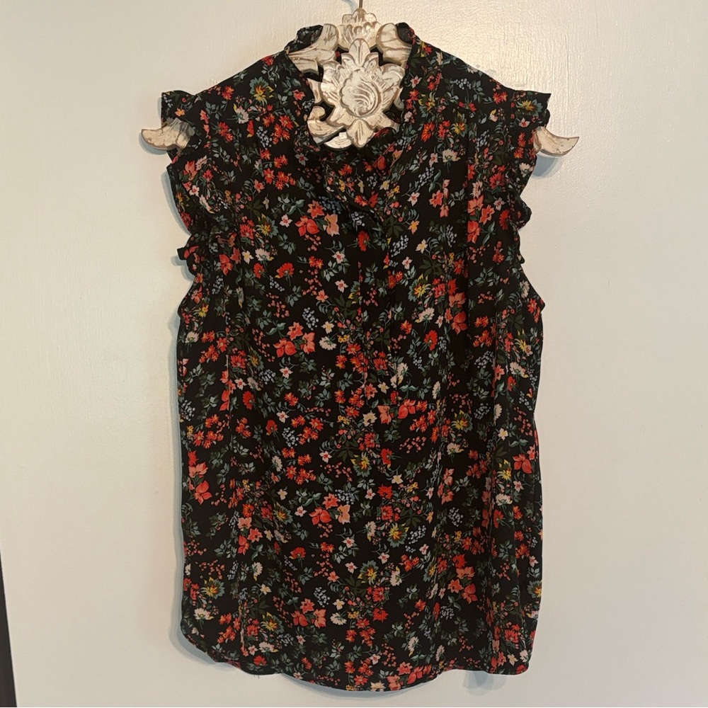 LOFT Black Floral Top with Red, Pink and Yellow Blooms